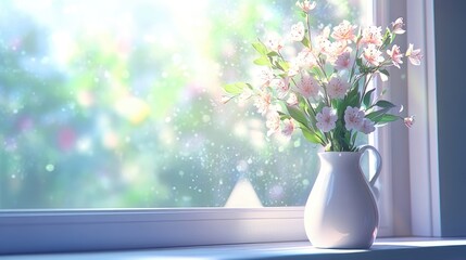 Fototapeta premium Fresh Flowers in Vase by a Sunlit Window