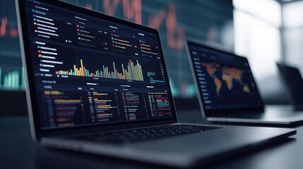 Conference table with open laptops showing analytics dashboards, ready for strategic analysis in teamwork