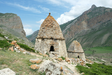 Medieval stone burial grounds of Fardyk-Keshene on slope near the village of Eltyuby and Bulungu in...