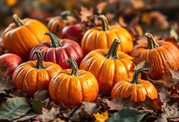 Autumn harvest vibrant pumpkins and apples in fall leaves