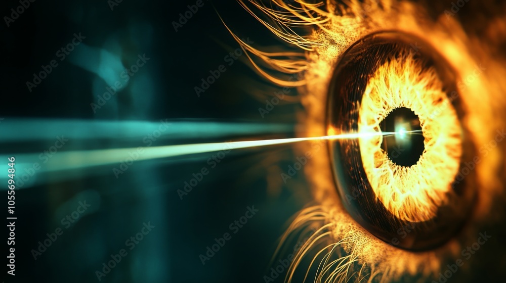 Poster the image features an intricately detailed eye with vibrant tones, while a laser beam directly targe