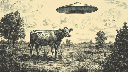 Whimsical ufo encounter with cow in vintage color engraving art