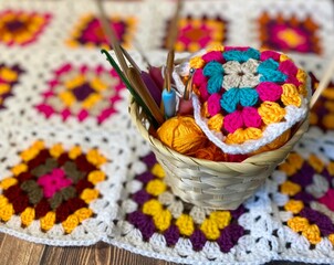 Granny square crocheted blanket with different colors motives, retro vintage craft handmade handiwork crocheting, beautiful plied photo cozy winter or autumn background wool thing yarn lovely warm 