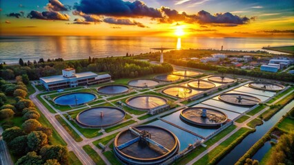 Aerial view of sewage water treatment plant by the sea at sunset, sewage, water treatment, plant, industrial