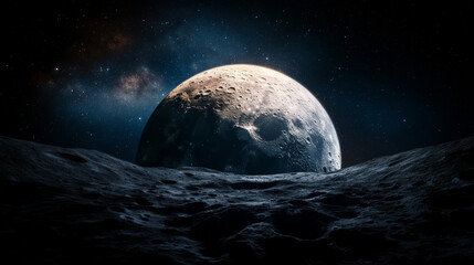 A view of the moon dark side, illuminated by distant stars and glowing faintly.