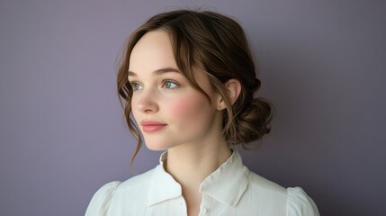 Serene young woman with natural makeup on purple background