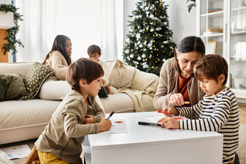 Family members gather around the Christmas tree, sharing joy, creativity, and holiday spirit together.
