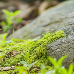 Vibrant Green Moss, A Carpet Of Life, Texture On The Surface Of A Rock In The Lush Forest