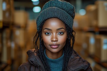 Portrait of a confident woman in a warehouse in casual winter attire