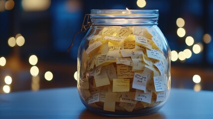 Glass jar filled with handwritten notes bokeh background