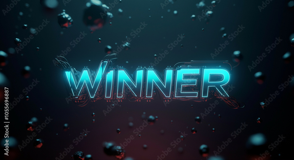 Poster winner text graphic in neon style with digital effects and floating particles