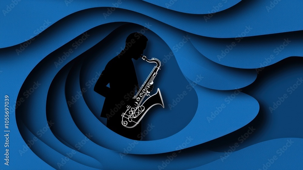 Aufkleber artistic silhouette of a saxophone player in high-quality with dynamic layers and deep blue backgrou