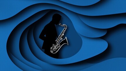 Artistic silhouette of a saxophone player in high-quality with dynamic layers and deep blue background