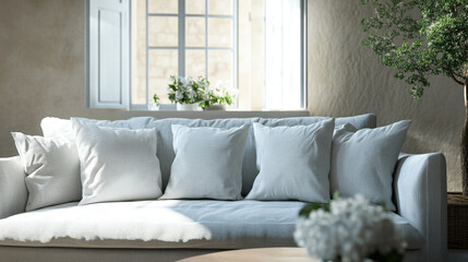 Fototapeta premium a sofa with comfy light grey 3 pillows in in a south of france living room with a window in the background.