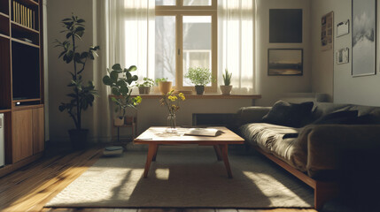 Fototapeta premium a sofa with comfy light grey 3 pillows in in a south of france living room with a window in the background.