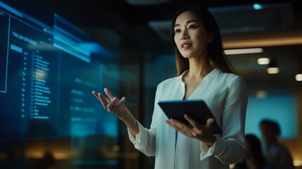 An Asian woman with long dark hair stands in an office setting. She is wearing a white blouse and holding a tablet.