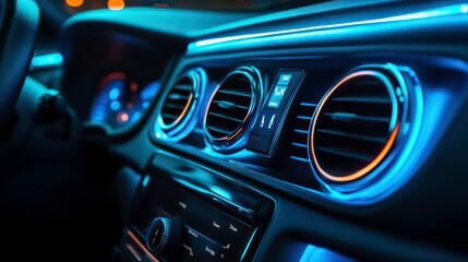 Interior view of a car dashboard featuring illuminated air vents and controls.