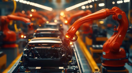 Fototapeta premium Robotic arms in an automotive assembly line, highlighting industrial automation processes.