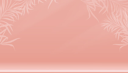 Background Pink Wall Studio with Shadow Leaves,light on floor,Backdrop for Cosmetic Product Present,Vector Summer background of Interior Room with Podium Display and Top Shelf Bar