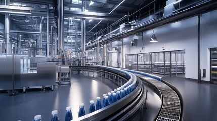 Fototapeta premium Plastic bottles on a conveyor belt in a water bottling plant, symbolizing automation and efficiency.