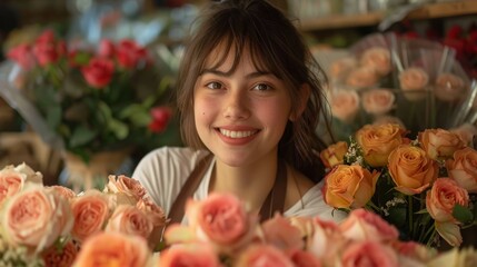 Fototapeta premium A young woman florist smiles warmly behind a counter of pink roses.