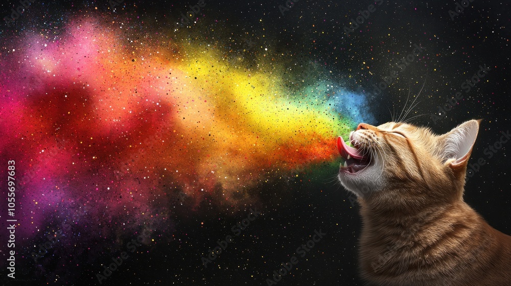Aufkleber vividly chaotic tabby cat isolated on dynamic layered background with colorful cosmic emission
