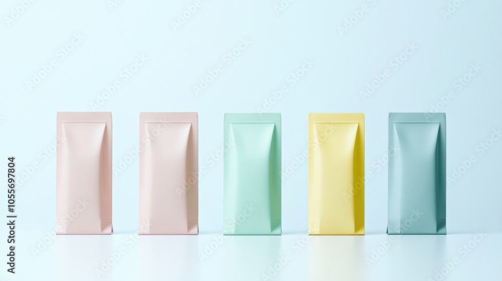 Poster minimalistic display of five pastel-colored packages arranged neatly, showcasing modern design and s