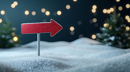 festive red arrow sign points right in snowy landscape, surrounded by twinkling lights