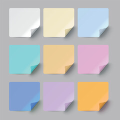 Set of square realistic color paper labels with three colors and adhesive tape on transparent background.