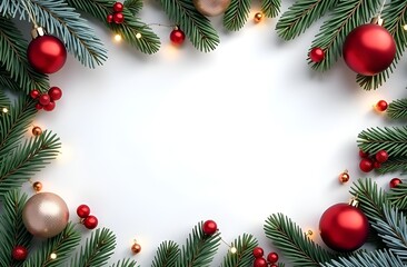 Christmas frame with fir branches and decorations on white background. Copy space.