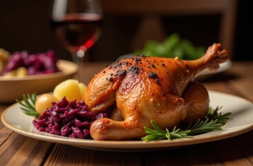 Close-up of traditional goose feast with red cabbage and potatoes with glass of red wine for st. Martin's day