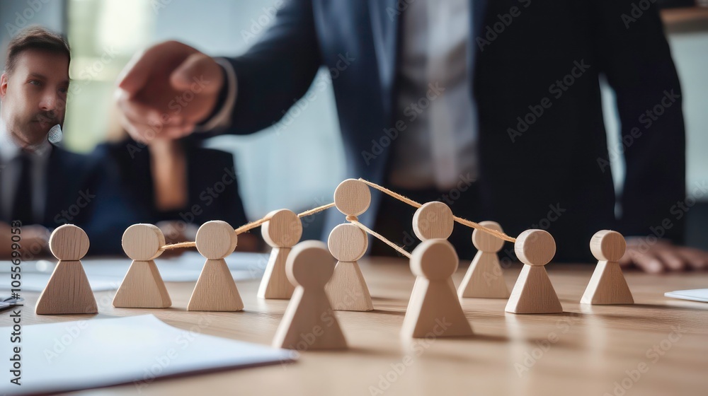 Poster A business meeting with wooden figures representing teamwork and strategy.