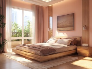 Modern bedroom features peach walls, natural wood furniture, and metallic accents for a soft, elegant feel