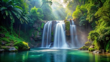 Majestic waterfall cascading into serene pool surrounded by lush greenery and mist, waterfall, cascading, powerful, serene