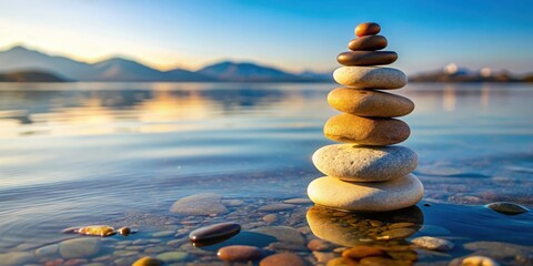 Obraz premium Serenity in Nature Balanced Stack of Smooth Stones by Water's Edge for Tranquil Relaxation