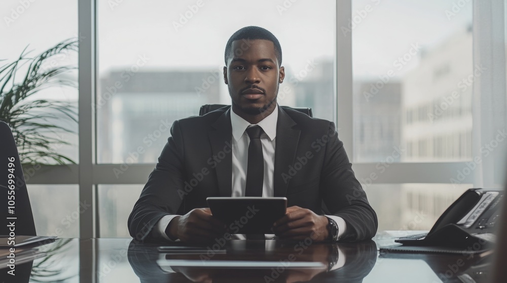 Leinwandbilder a black man dressed in a formal suit sits at a sleek conference table with a tablet in his hands, fo