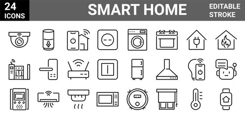 smart home icons. control of lighting, heating, air conditioning. home automation and remote monitoring. Editable stroke.