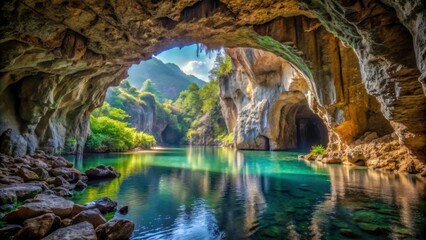 A serene interior of a cave with natural rock formations and a passageway leading deeper into the grotto, cave