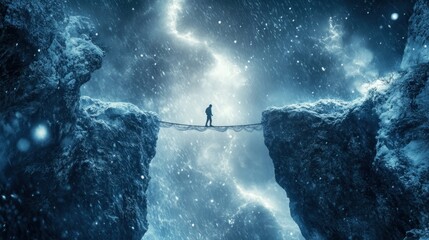 Naklejka premium Enigmatic silhouette crossing rope bridge amidst snowflakes