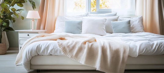 Cozy Bedroom Interior with Comfortable Bed and Soft Pillows near Window in Natural Light