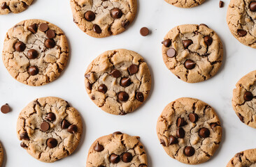 Chewy Chocolate Chip Cookies on the white table. National Chocolate Chip Cookie Day. Top view