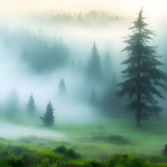 Fototapeta premium spruce treetops on a hazy morning. wonderful nature background with sunlight coming through the fog. bright sunny atmosphere