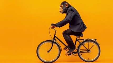A monkey in a suit rides a bicycle against a yellow background, blending humor with surrealism.
