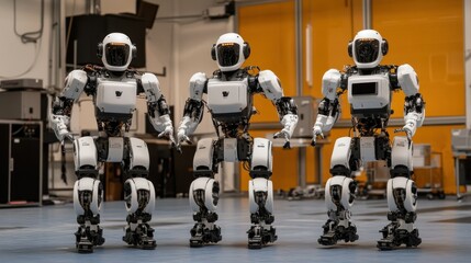 Naklejka premium Three humanoid robots standing in a row with their arms extended