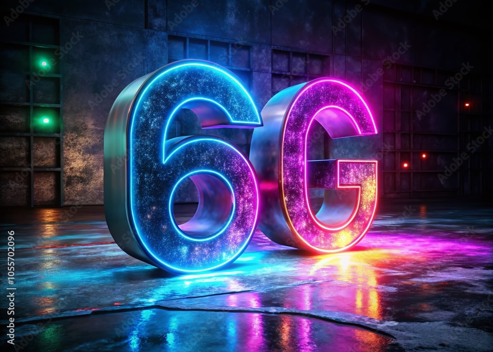 Poster 6g technology 3d rendering with glowing led colors on dark floor for mobile networks and iot advance