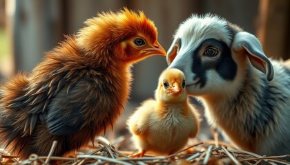 Adorable animal companionship a chick and lamb together