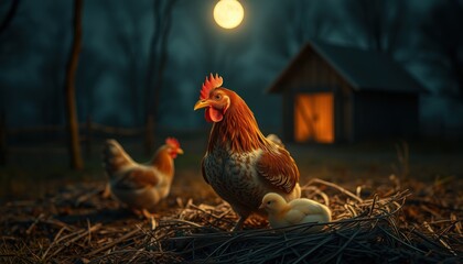 Moonlit rooster and chickens in a serene farm setting