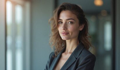 Fototapeta premium Confident woman with warm smile gazing thoughtfully against office window backdrop