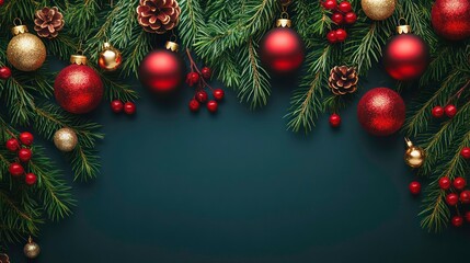 A festive arrangement of pine branches, ornaments, and pinecones for holiday decoration.