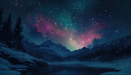 Nighttime Landscape with Snowy Mountains, a Lake, and a Starry Sky